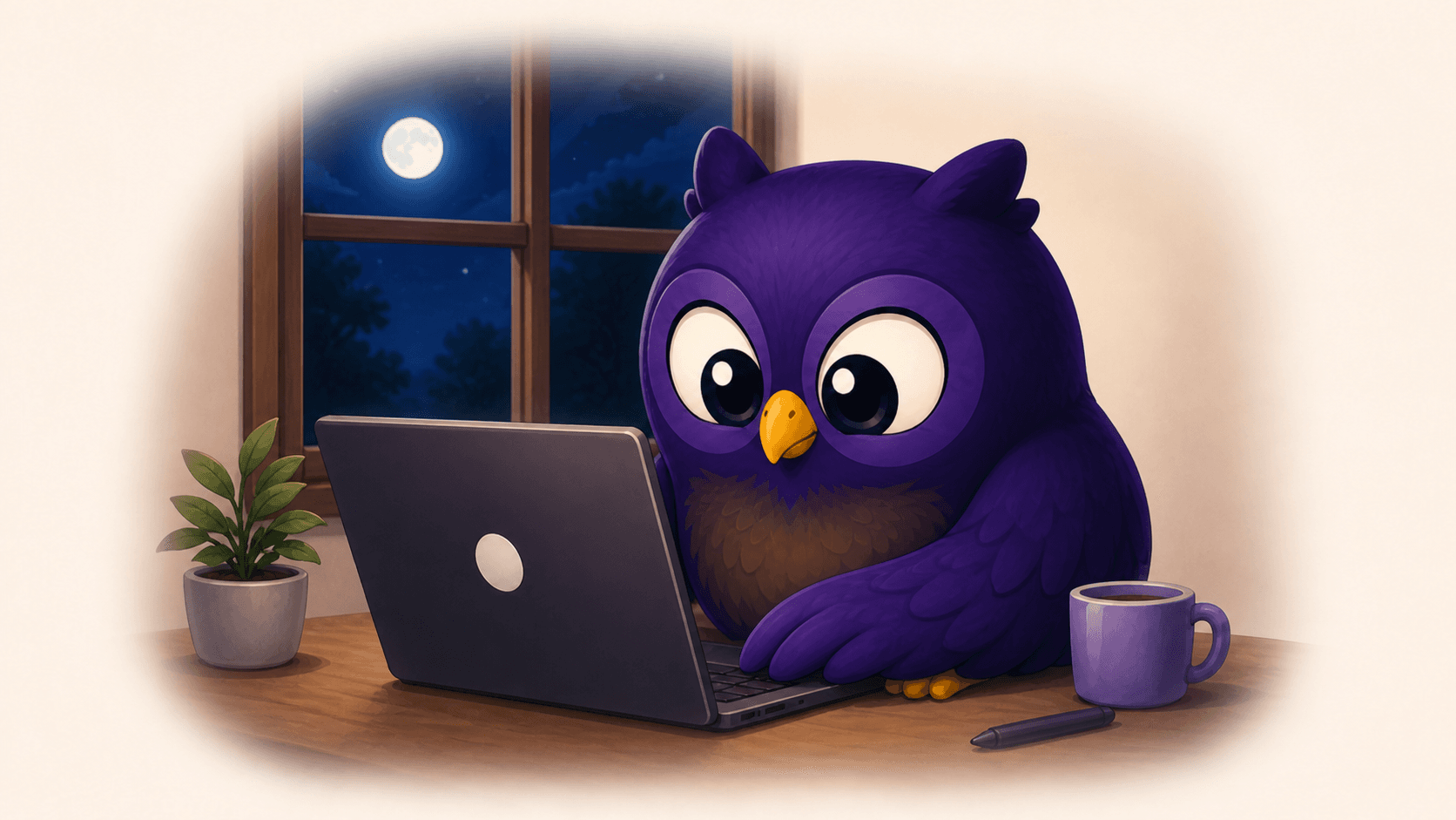 The OffPal owl working at a laptop late at night by a moonlit window