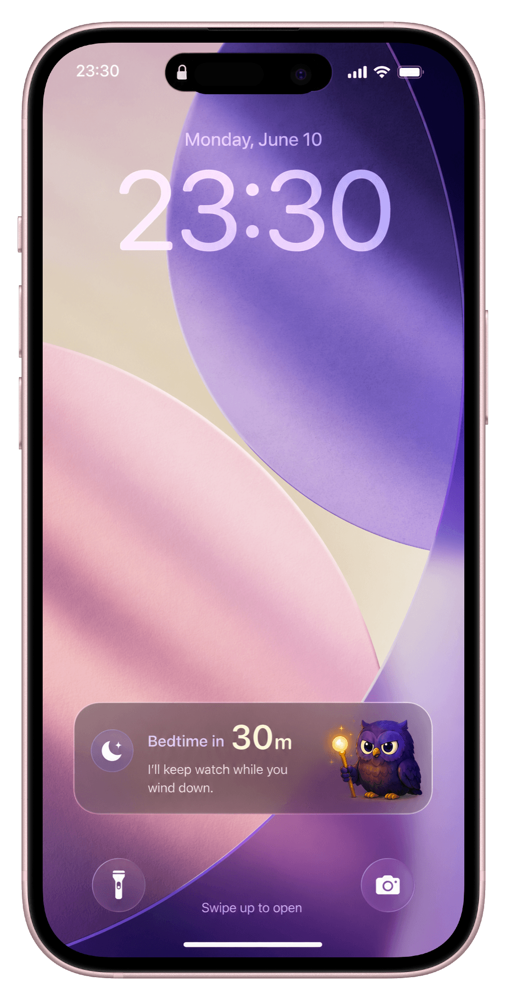 OffPal bird beside an iPhone Lock Screen showing a wind-down reminder