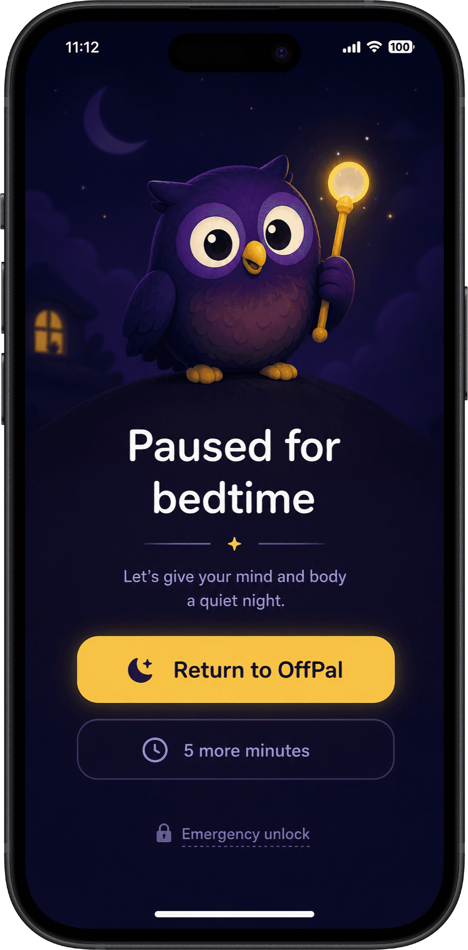 iPhone mockup showing OffPal's optional bedtime app blocking shield with return and delay actions.