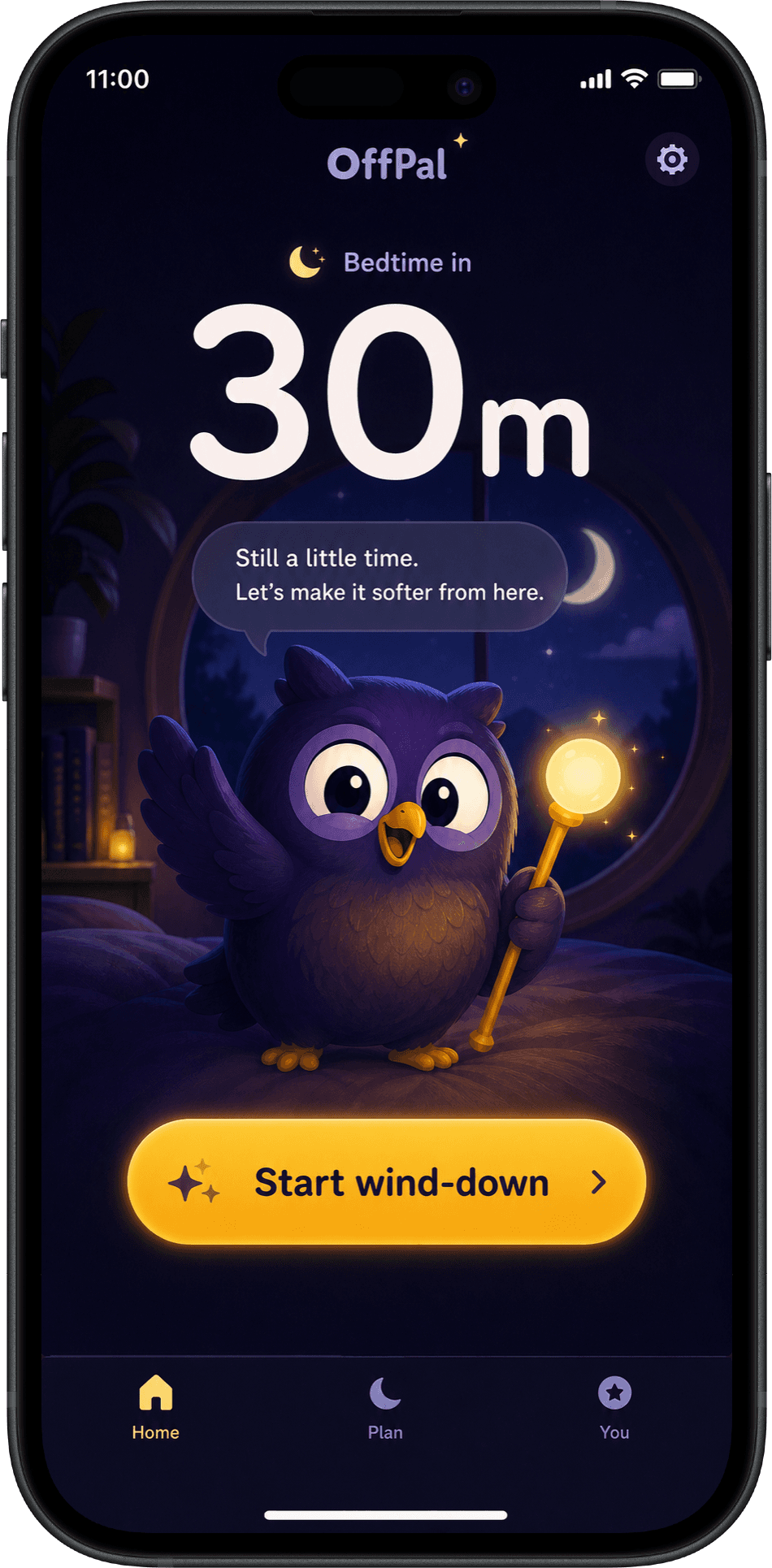 iPhone mockup showing the OffPal home screen with a 30-minute bedtime countdown and start wind-down button.