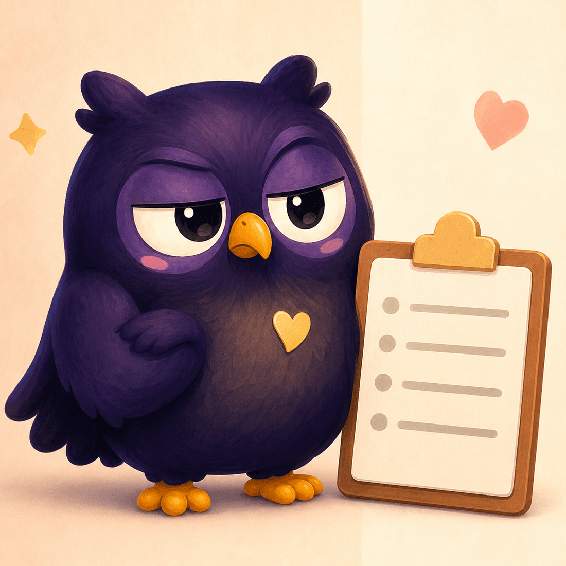 OffPal bird standing beside a blank reminder checklist
