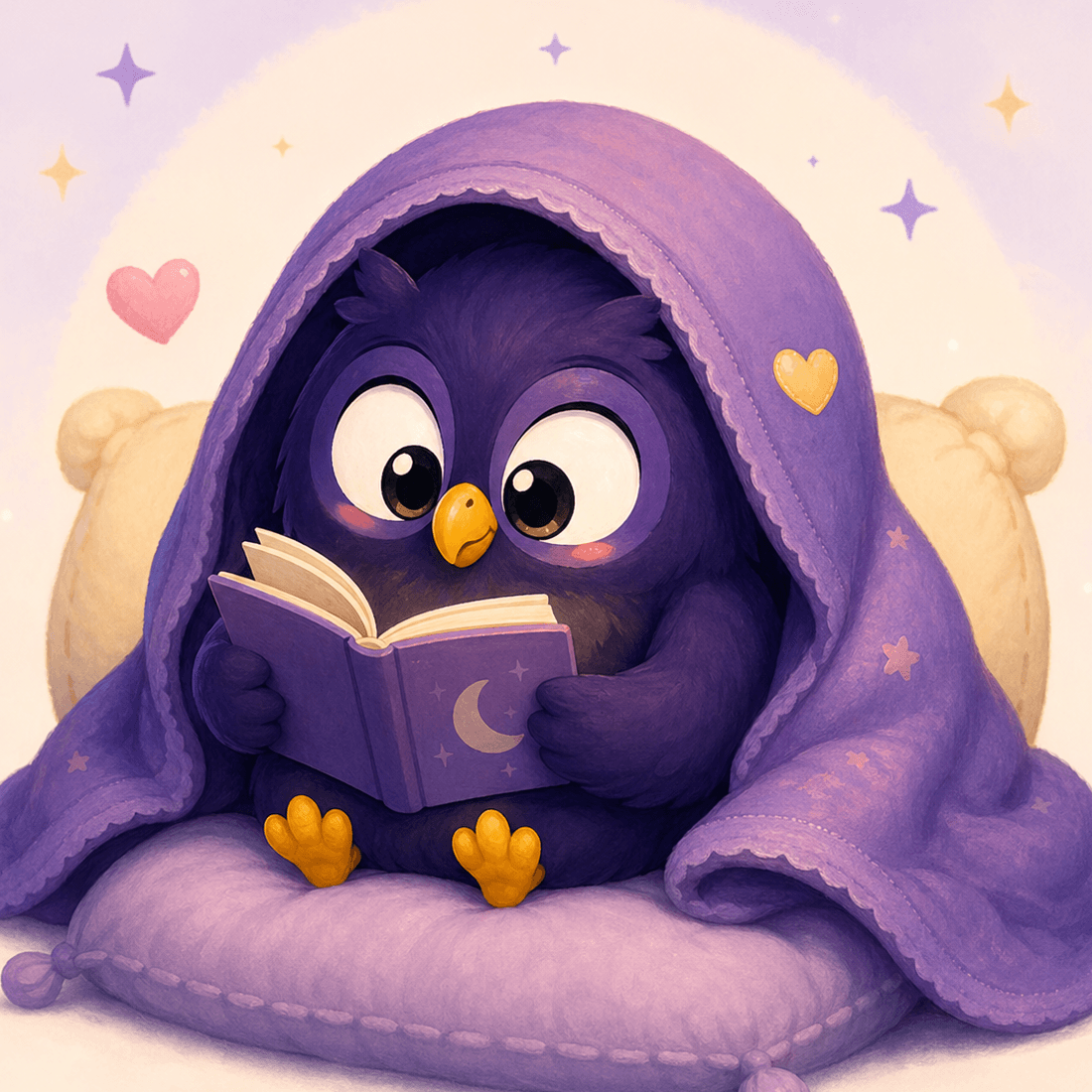 OffPal bird reading under a cozy blanket at night
